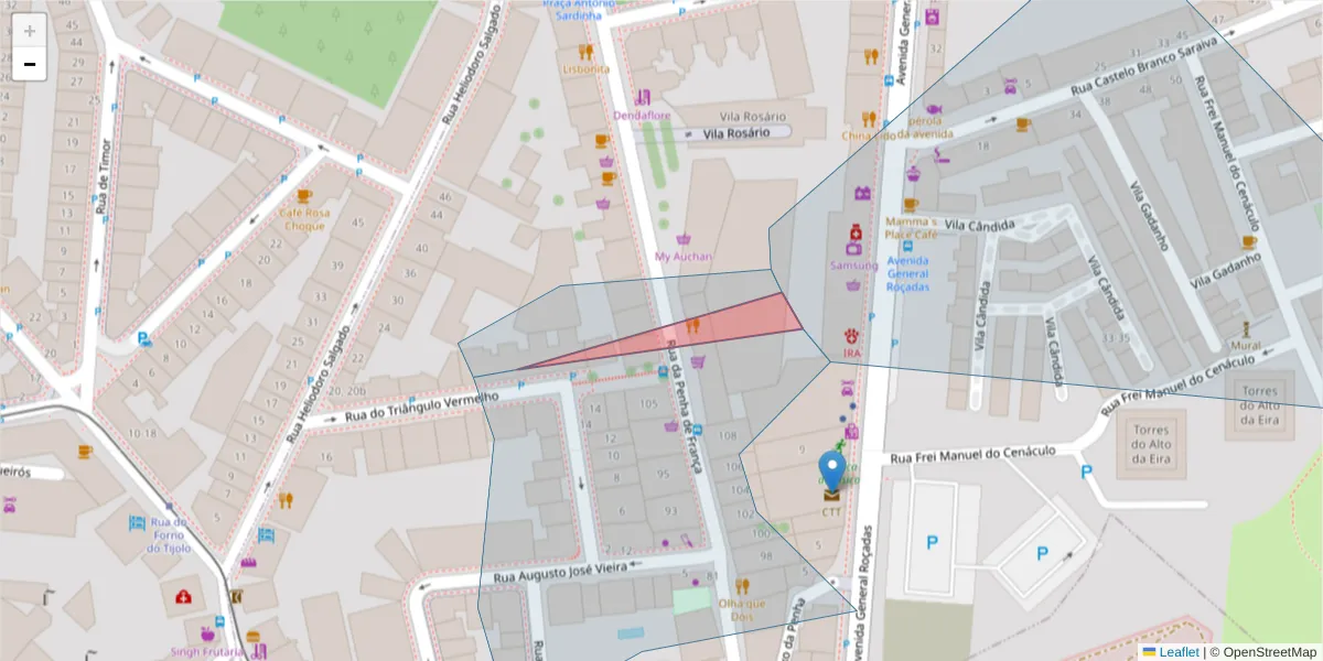 Mapa detalhado do código postal 1170 298 com limites, códigos postais vizinhos e agências dos correios