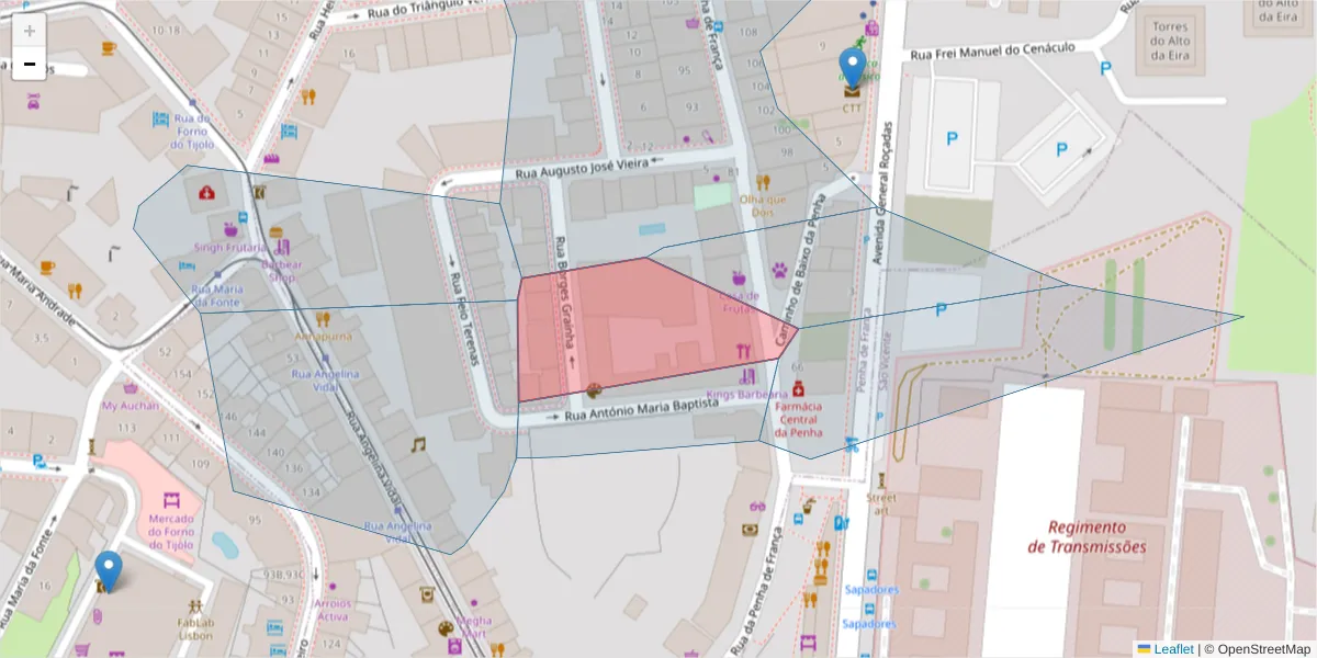 Mapa detalhado do código postal 1170 300 com limites, códigos postais vizinhos e agências dos correios