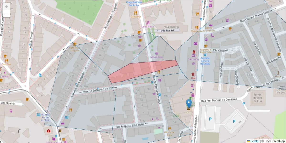 Mapa detalhado do código postal 1170 307 com limites, códigos postais vizinhos e agências dos correios