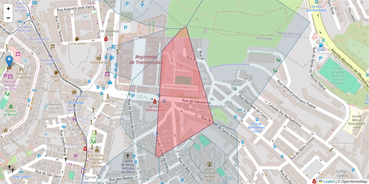 Mapa detalhado do código postal 1170-339 com limites, códigos postais vizinhos e agências dos correios