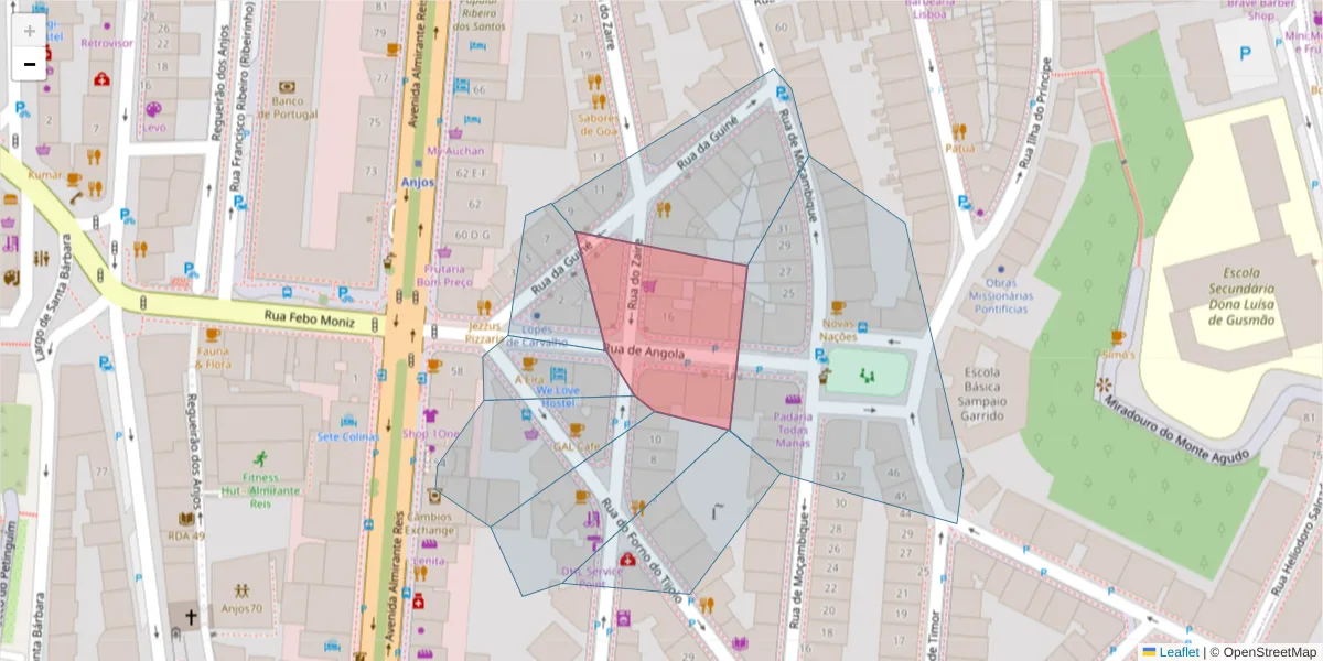 Mapa detalhado do código postal 1170-398 com limites, códigos postais vizinhos e agências dos correios