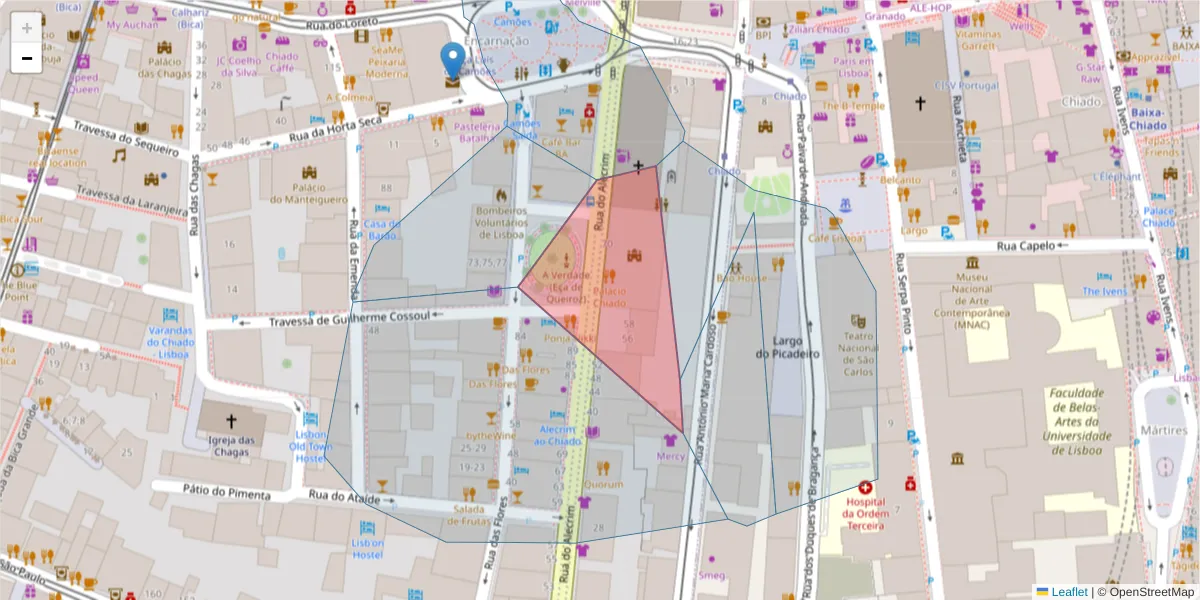 Mapa detalhado do código postal 1200-018 com limites, códigos postais vizinhos e agências dos correios