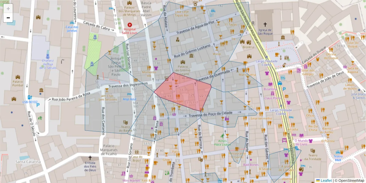 Mapa detalhado do código postal 1200-043 com limites, códigos postais vizinhos e agências dos correios