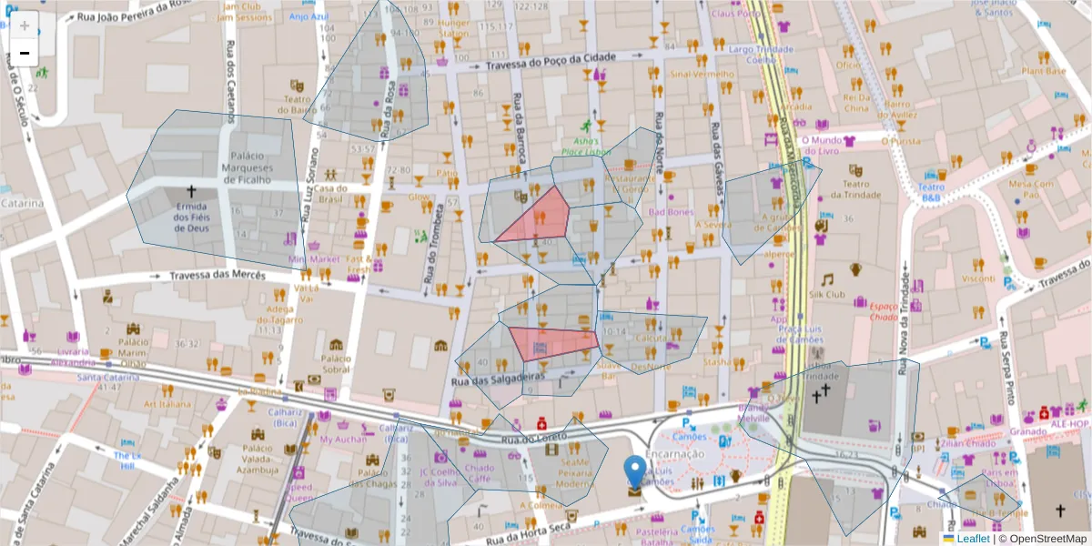 Mapa detalhado do código postal 1200-050 com limites, códigos postais vizinhos e agências dos correios