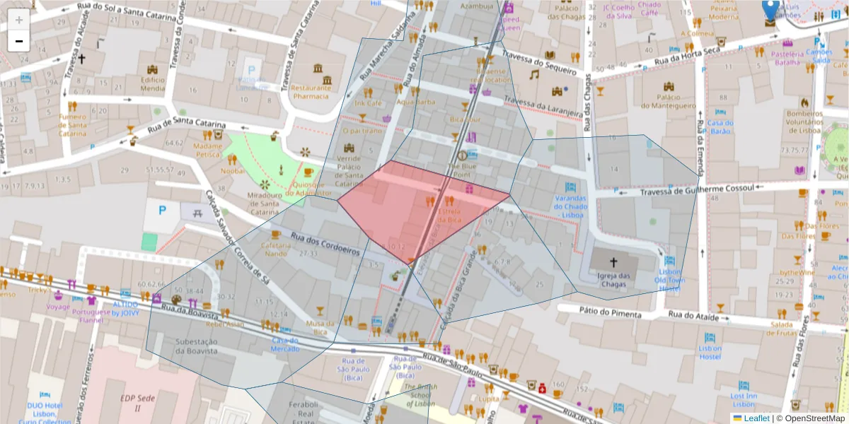 Mapa detalhado do código postal 1200-073 com limites, códigos postais vizinhos e agências dos correios
