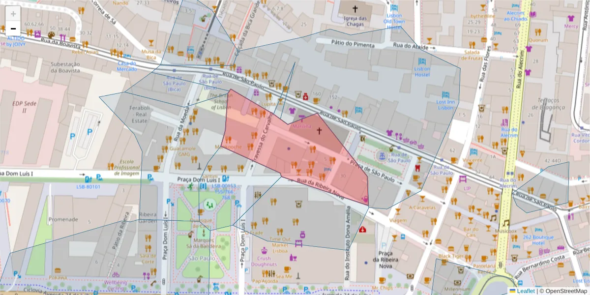 Mapa detalhado do código postal 1200-097 com limites, códigos postais vizinhos e agências dos correios
