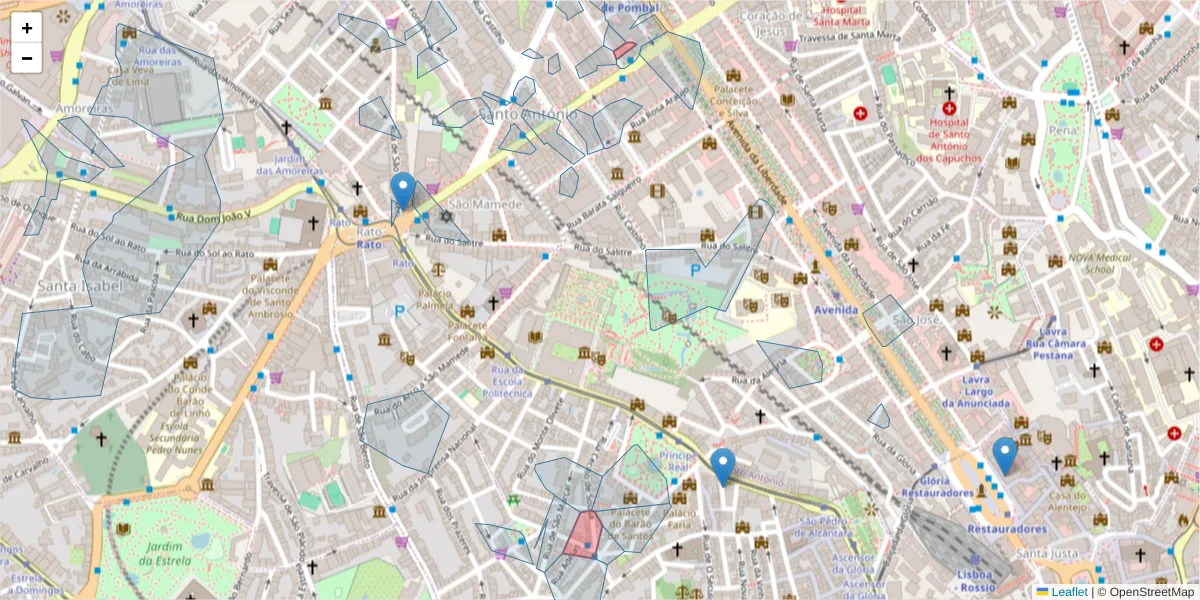 Mapa detalhado do código postal 1200-098 com limites, códigos postais vizinhos e agências dos correios