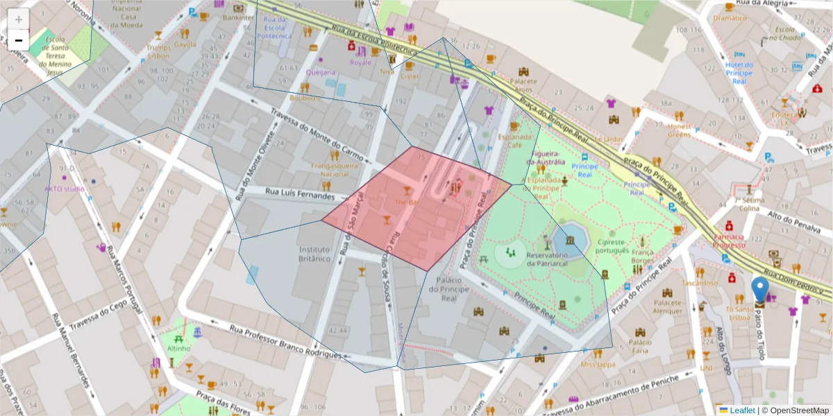 Mapa detalhado do código postal 1200-099 com limites, códigos postais vizinhos e agências dos correios