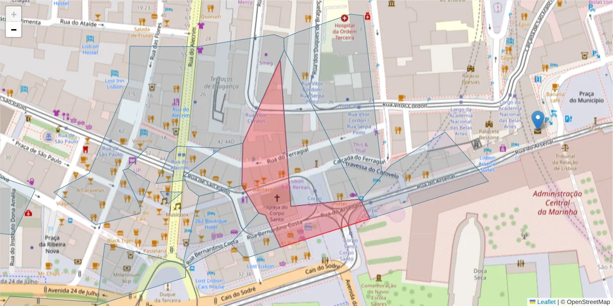 Mapa detalhado do código postal 1200-129 com limites, códigos postais vizinhos e agências dos correios