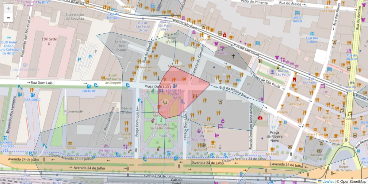 Mapa detalhado do código postal 1200-148 com limites, códigos postais vizinhos e agências dos correios