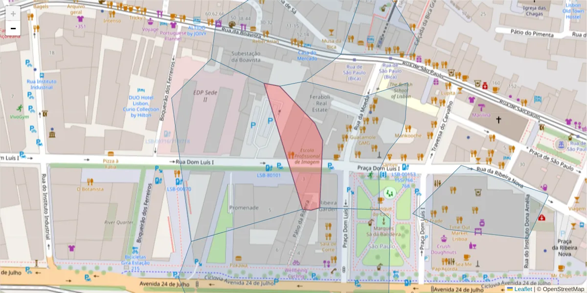 Mapa detalhado do código postal 1200-151 com limites, códigos postais vizinhos e agências dos correios