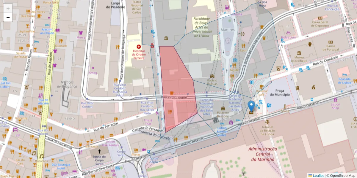 Mapa detalhado do código postal 1200-184 com limites, códigos postais vizinhos e agências dos correios