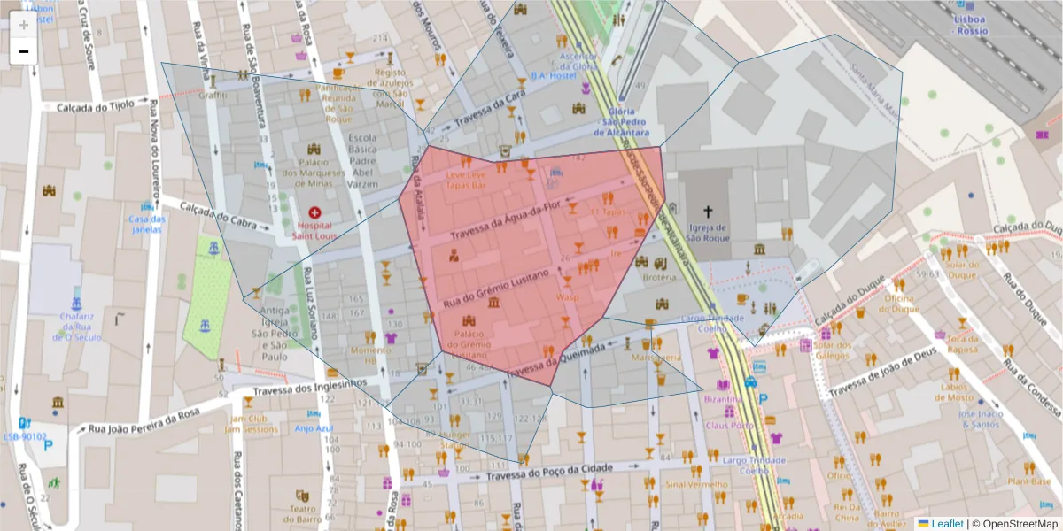 Mapa detalhado do código postal 1200-211 com limites, códigos postais vizinhos e agências dos correios