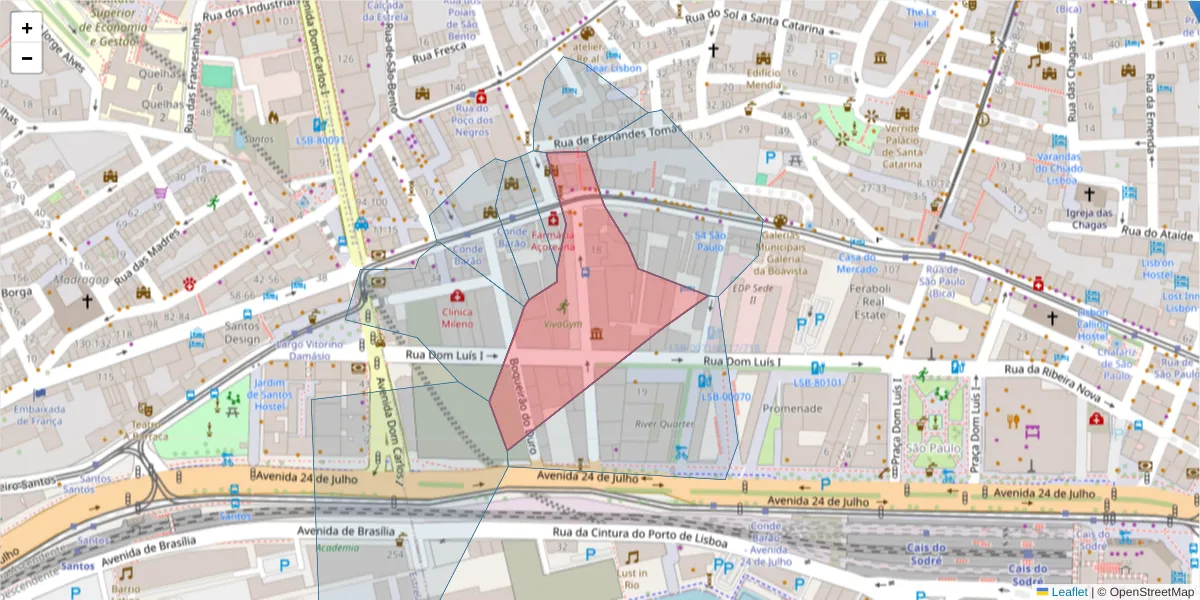 Mapa detalhado do código postal 1200-225 com limites, códigos postais vizinhos e agências dos correios