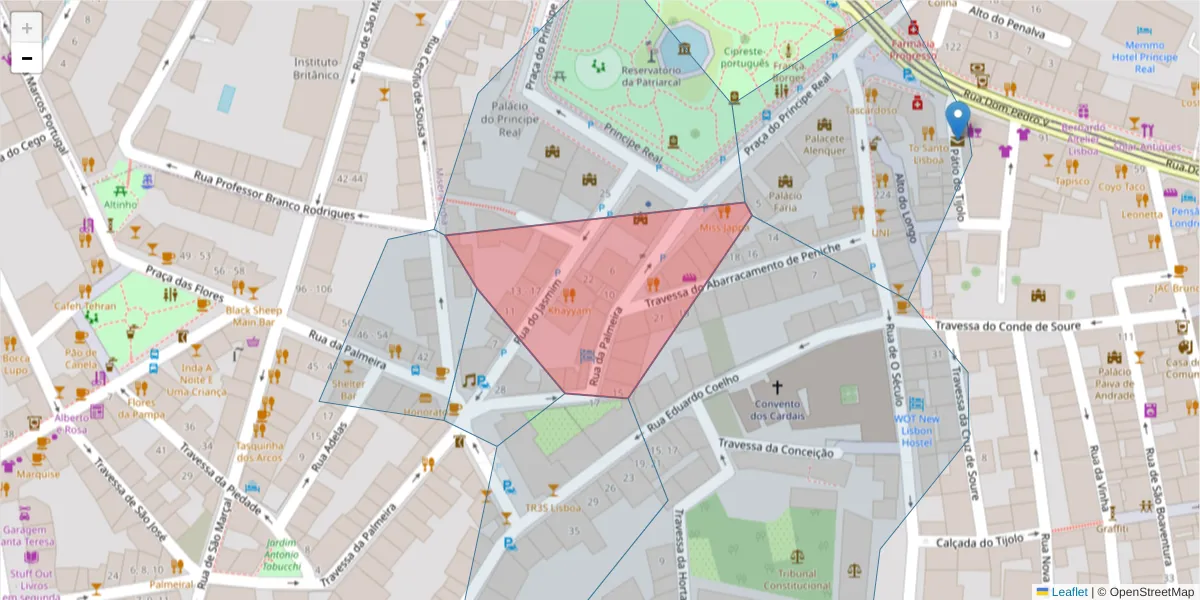 Mapa detalhado do código postal 1200-228 com limites, códigos postais vizinhos e agências dos correios
