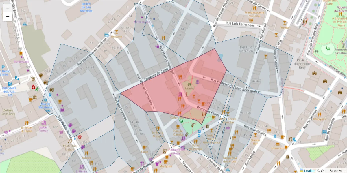 Mapa detalhado do código postal 1200-250 com limites, códigos postais vizinhos e agências dos correios