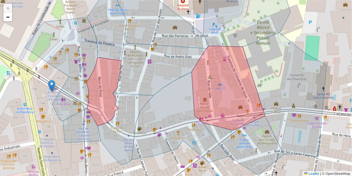 Mapa detalhado do código postal 1200-319 com limites, códigos postais vizinhos e agências dos correios