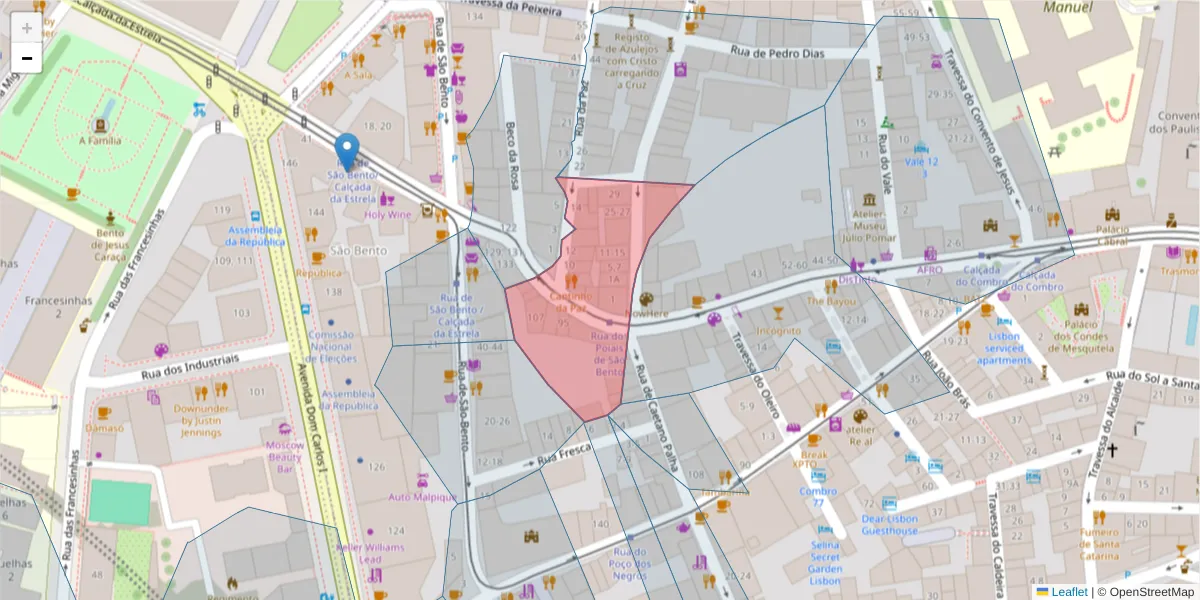Mapa detalhado do código postal 1200-321 com limites, códigos postais vizinhos e agências dos correios