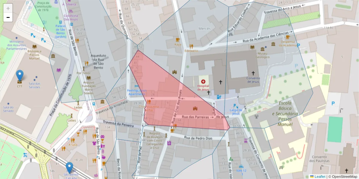 Mapa detalhado do código postal 1200-323 com limites, códigos postais vizinhos e agências dos correios
