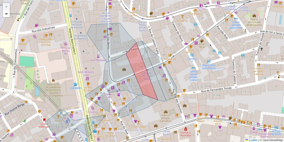 Mapa detalhado do código postal 1200-342 com limites, códigos postais vizinhos e agências dos correios