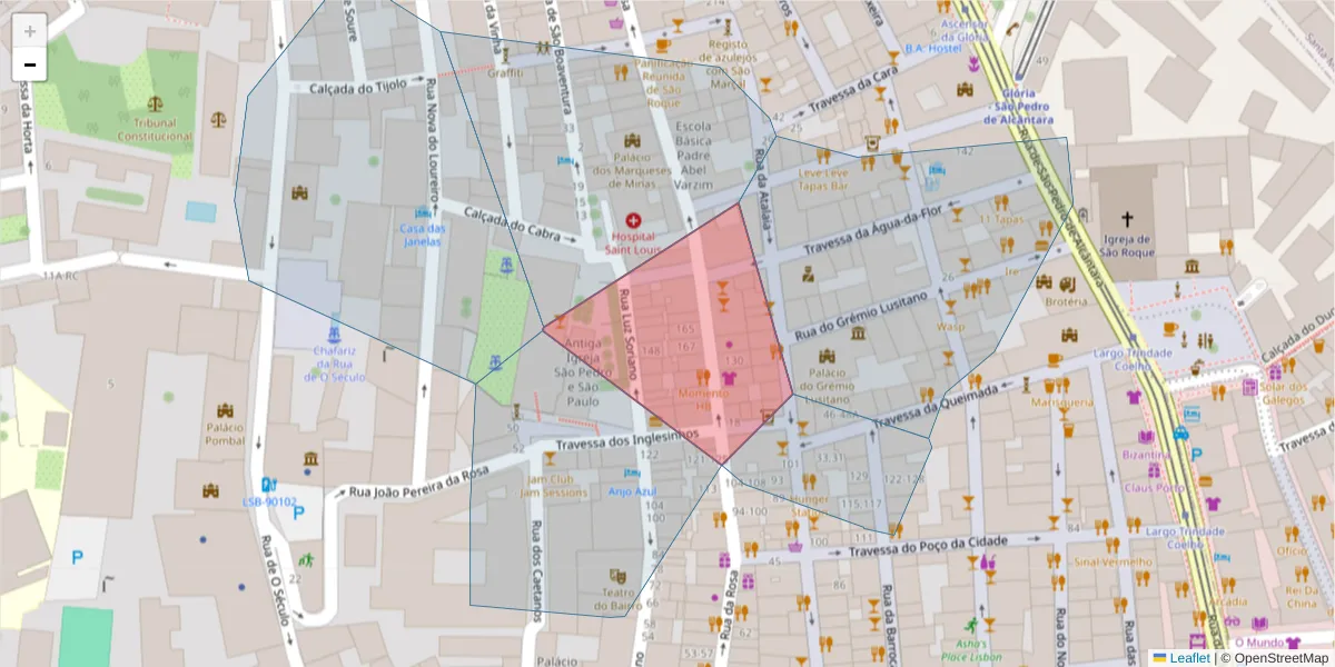 Mapa detalhado do código postal 1200-383 com limites, códigos postais vizinhos e agências dos correios