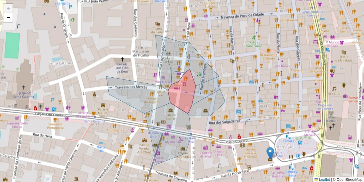 Mapa detalhado do código postal 1200-387 com limites, códigos postais vizinhos e agências dos correios