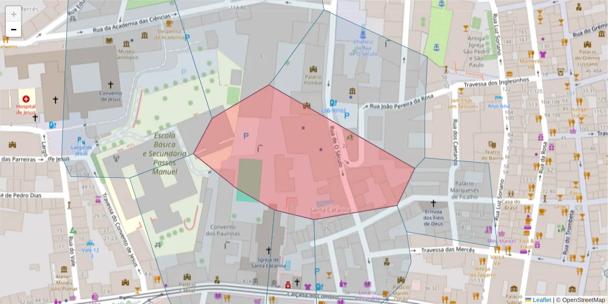 Mapa detalhado do código postal 1200-433 com limites, códigos postais vizinhos e agências dos correios