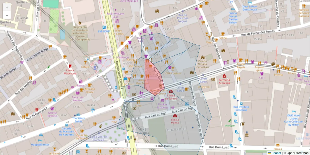 Mapa detalhado do código postal 1200-447 com limites, códigos postais vizinhos e agências dos correios