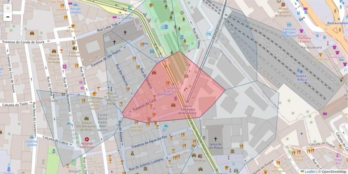 Mapa detalhado do código postal 1200-459 com limites, códigos postais vizinhos e agências dos correios