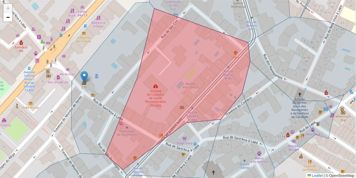 Mapa detalhado do código postal 1200-624 com limites, códigos postais vizinhos e agências dos correios