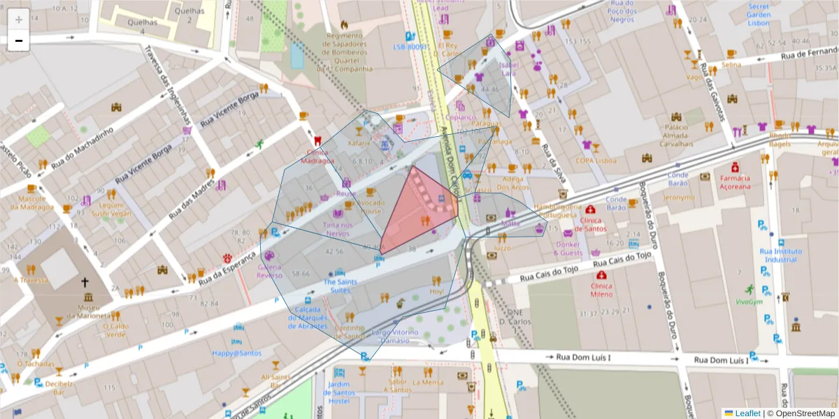 Mapa detalhado do código postal 1200-647 com limites, códigos postais vizinhos e agências dos correios