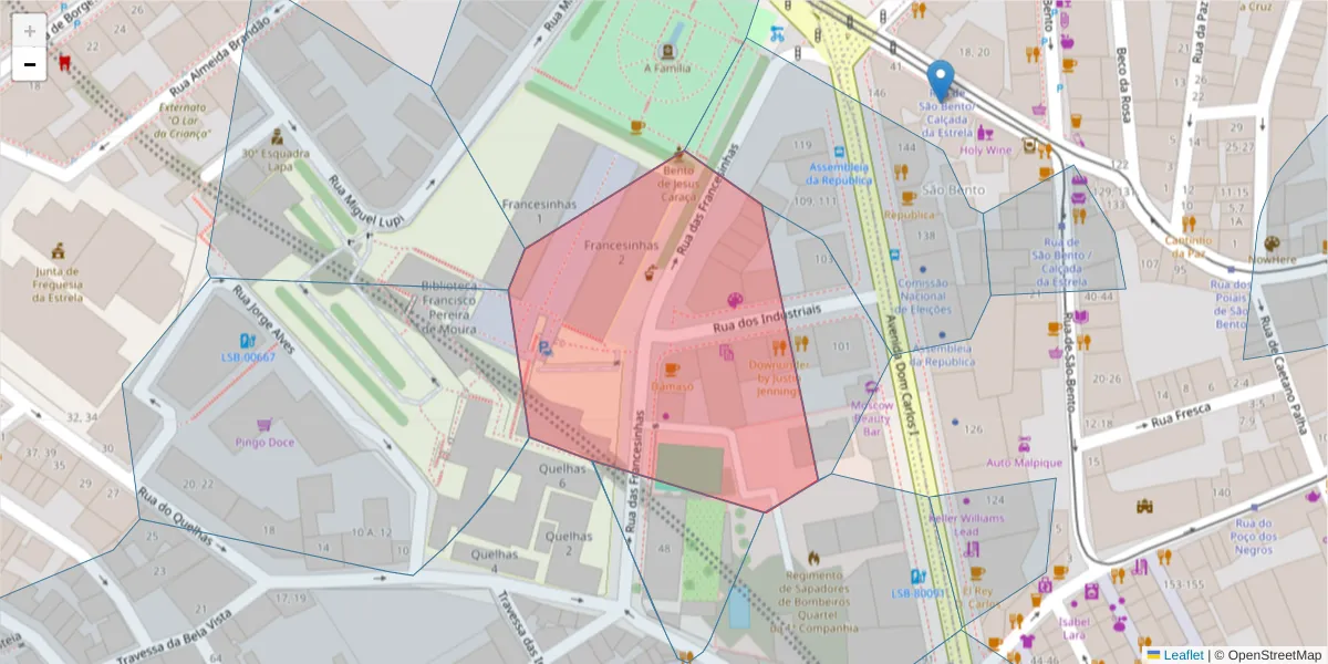 Mapa detalhado do código postal 1200-685 com limites, códigos postais vizinhos e agências dos correios