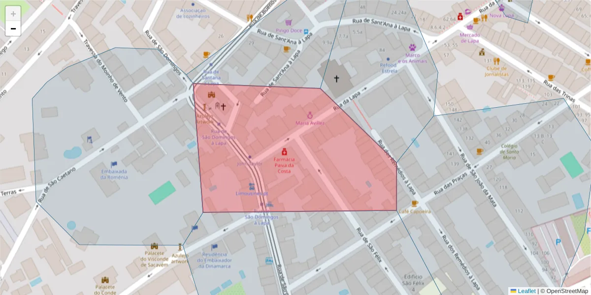 Mapa detalhado do código postal 1200-701 com limites, códigos postais vizinhos e agências dos correios