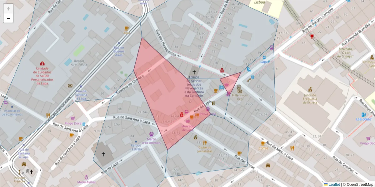 Mapa detalhado do código postal 1200-702 com limites, códigos postais vizinhos e agências dos correios