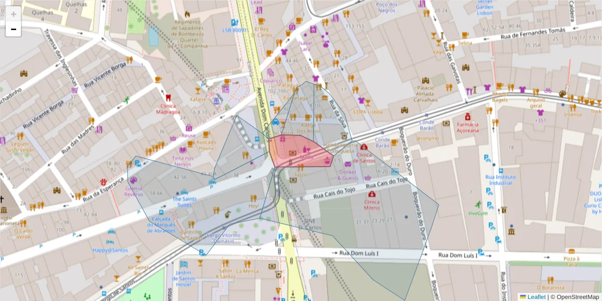 Mapa detalhado do código postal 1200-719 com limites, códigos postais vizinhos e agências dos correios
