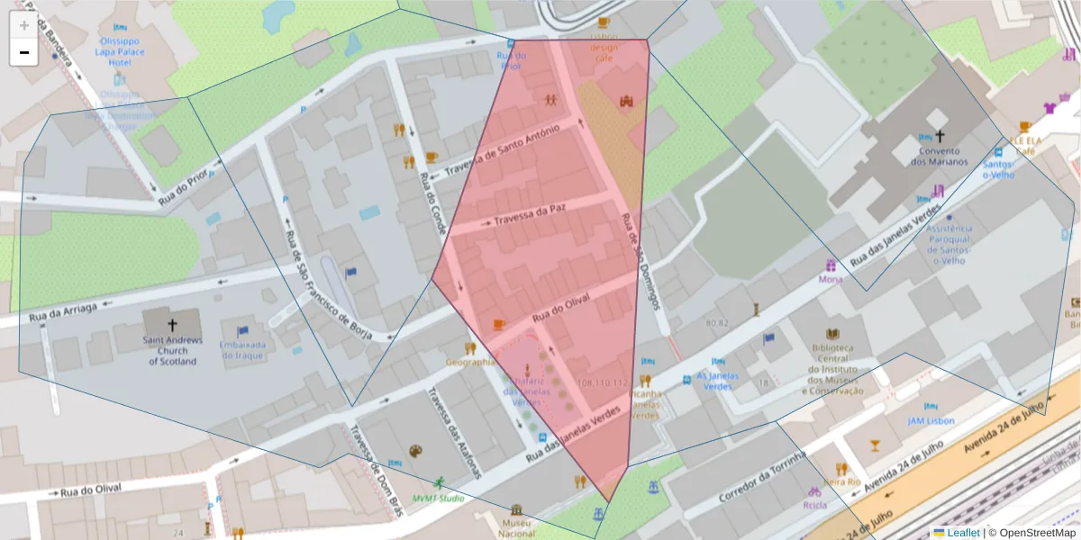 Mapa detalhado do código postal 1200-742 com limites, códigos postais vizinhos e agências dos correios