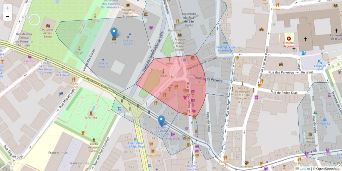 Mapa detalhado do código postal 1200-816 com limites, códigos postais vizinhos e agências dos correios