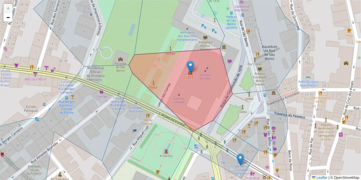 Mapa detalhado do código postal 1200-995 com limites, códigos postais vizinhos e agências dos correios