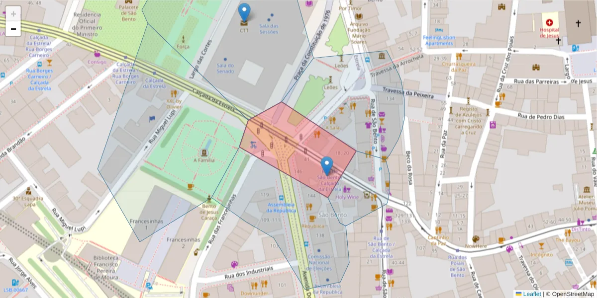 Mapa detalhado do código postal 1200-996 com limites, códigos postais vizinhos e agências dos correios