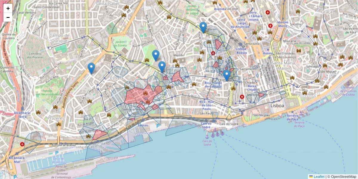 Mapa detalhado do código postal 1200 com limites, códigos postais vizinhos e agências dos correios