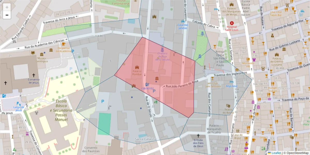 Mapa detalhado do código postal 1249-032 com limites, códigos postais vizinhos e agências dos correios