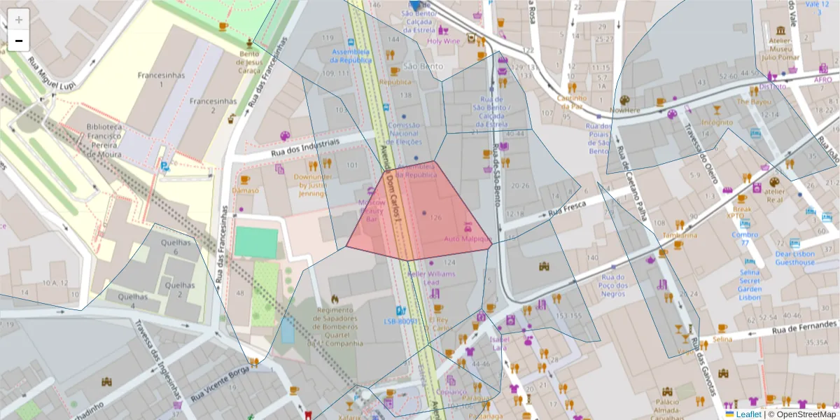 Mapa detalhado do código postal 1249-074 com limites, códigos postais vizinhos e agências dos correios