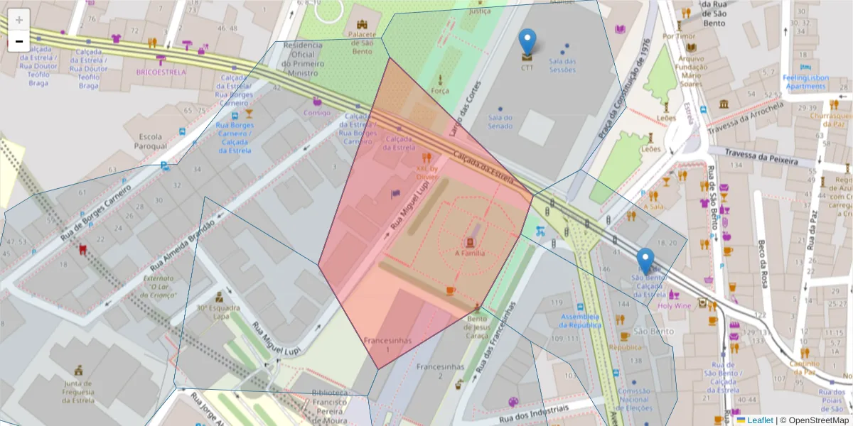 Mapa detalhado do código postal 1249-077 com limites, códigos postais vizinhos e agências dos correios