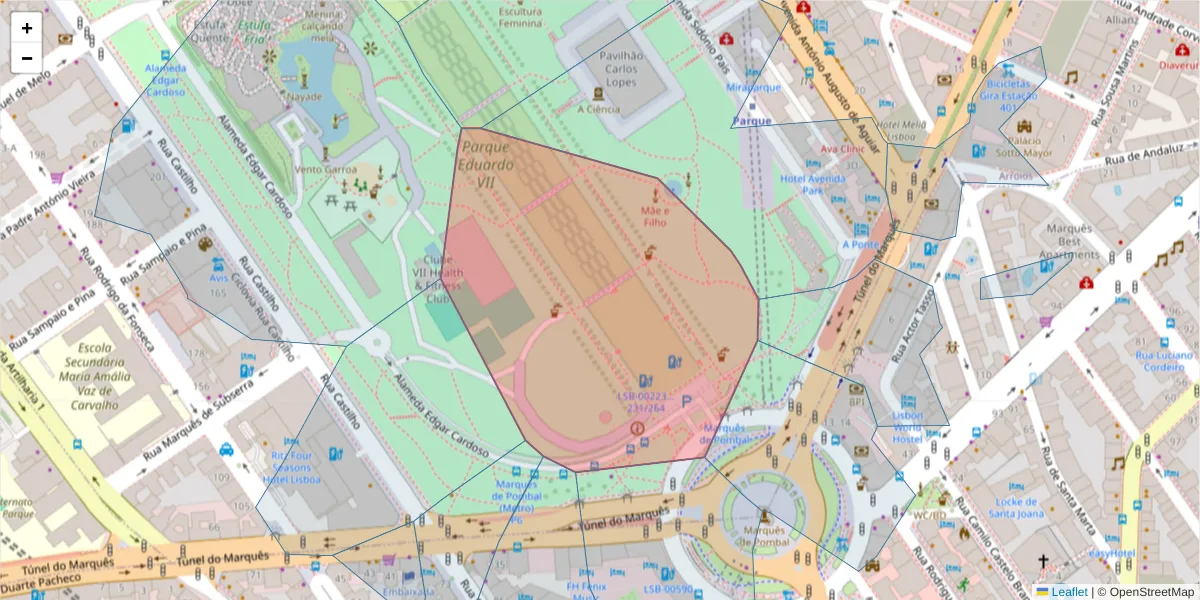 Mapa detalhado do código postal 1250-000 com limites, códigos postais vizinhos e agências dos correios
