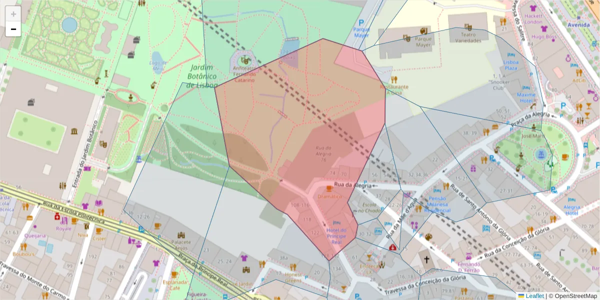 Mapa detalhado do código postal 1250-006 com limites, códigos postais vizinhos e agências dos correios