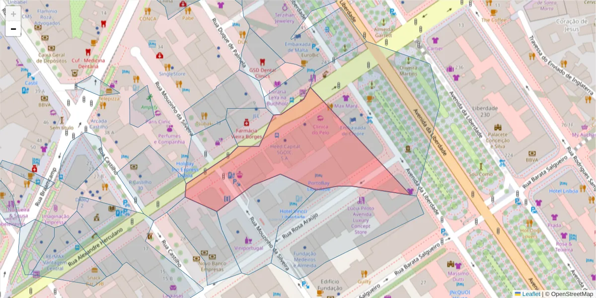 Mapa detalhado do código postal 1250-008 com limites, códigos postais vizinhos e agências dos correios