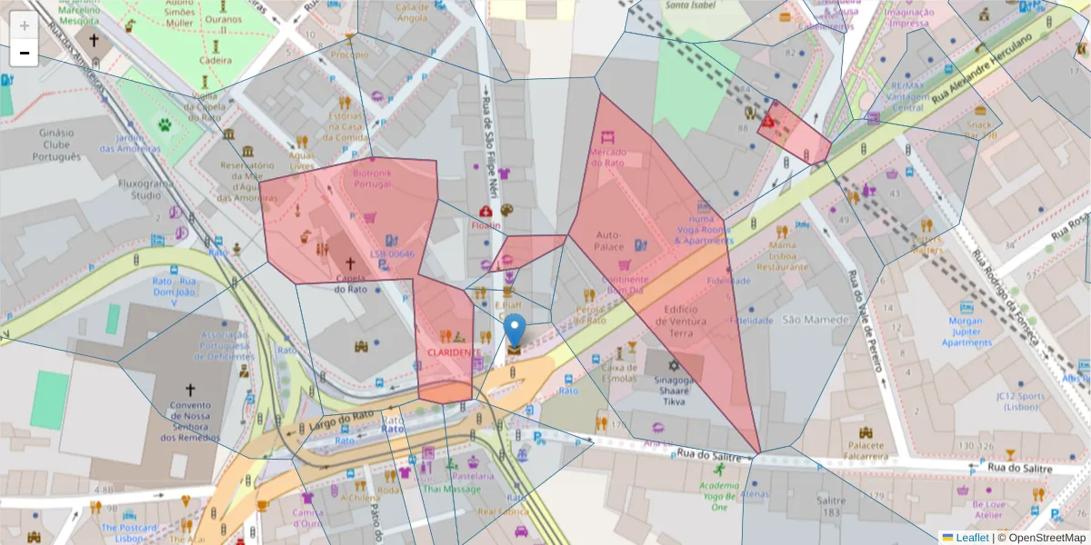 Mapa detalhado do código postal 1250-012 com limites, códigos postais vizinhos e agências dos correios