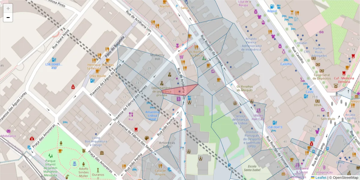 Mapa detalhado do código postal 1250-036 com limites, códigos postais vizinhos e agências dos correios