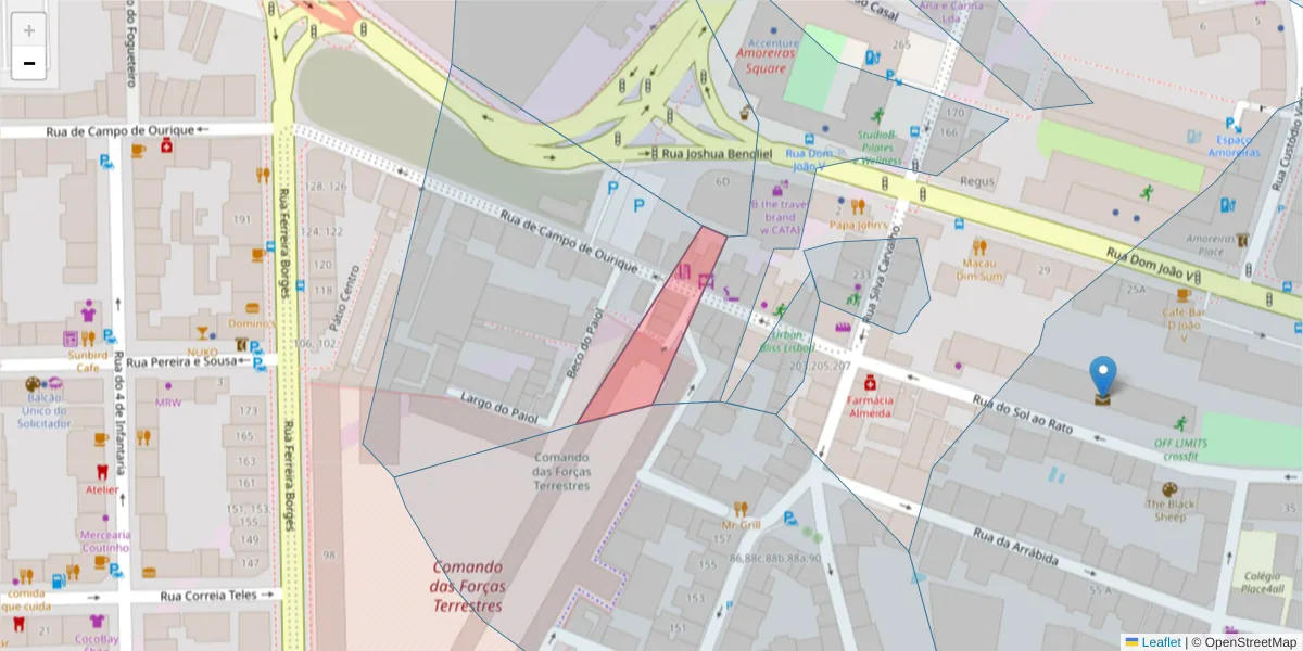 Mapa detalhado do código postal 1250-041 com limites, códigos postais vizinhos e agências dos correios