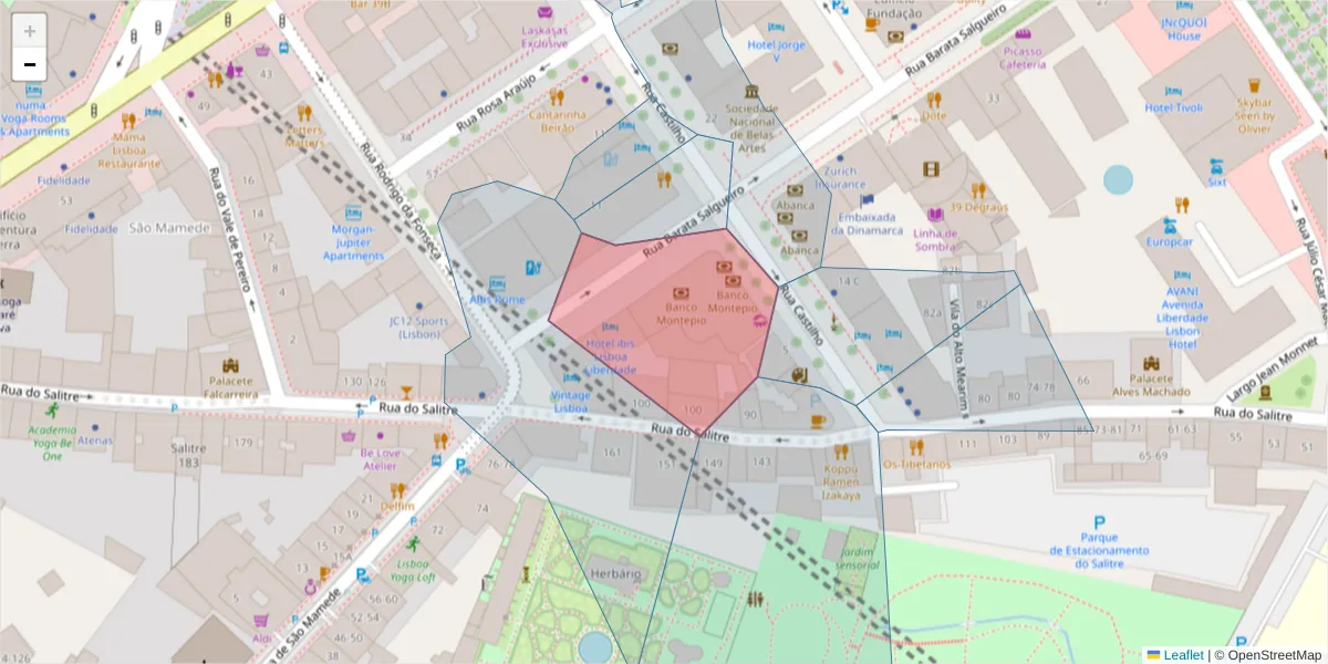 Mapa detalhado do código postal 1250-043 com limites, códigos postais vizinhos e agências dos correios